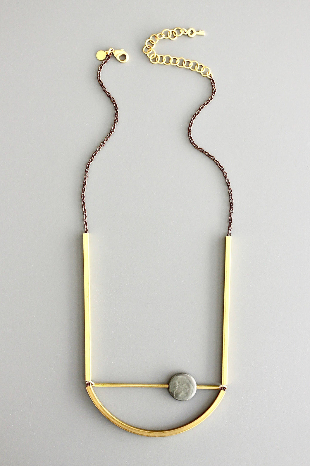 Sculptural Gray Stone and Brass Necklace