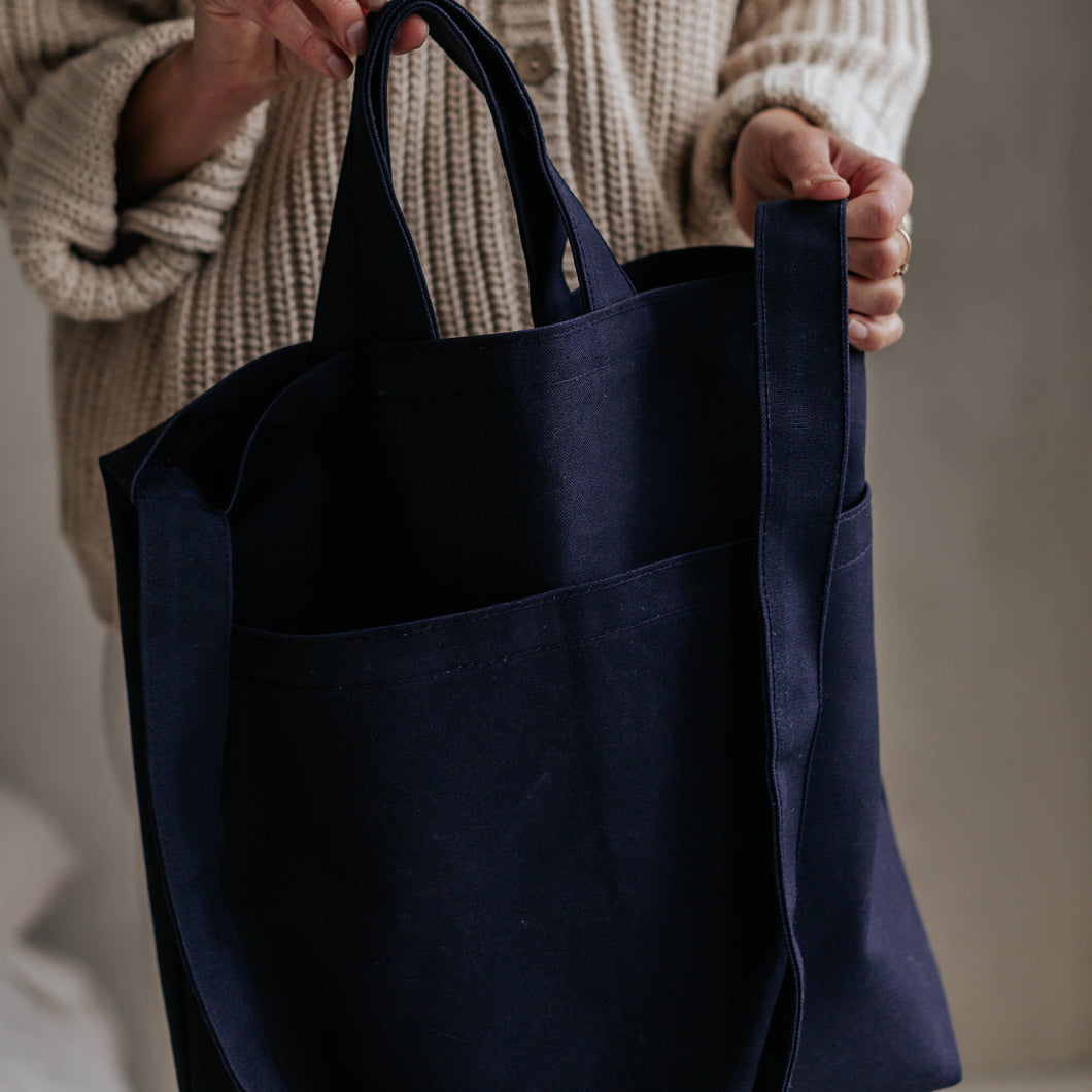 Double Pocket Canvas Tote Bag - Navy