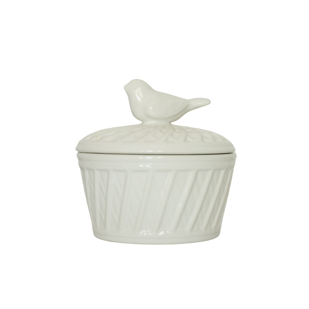 Horchow White Lidded Dish with Bird