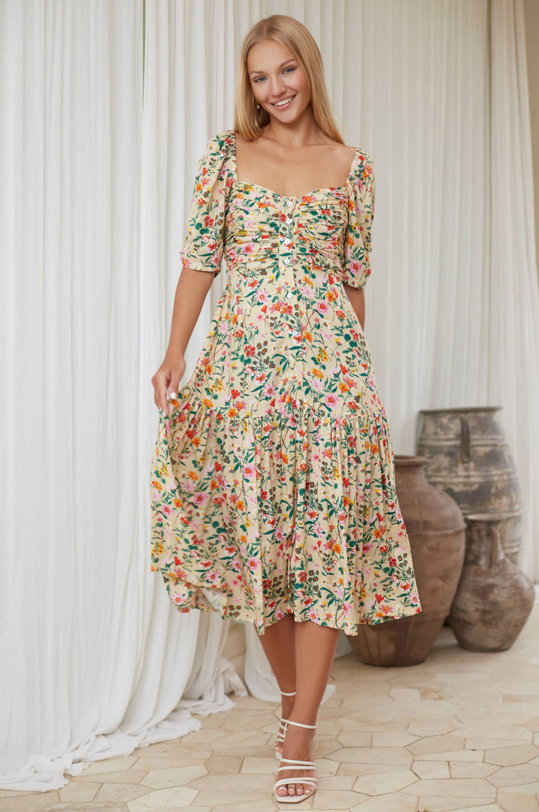 Lilit Floral Puff Sleeve Midi Dress - Wild Meadow