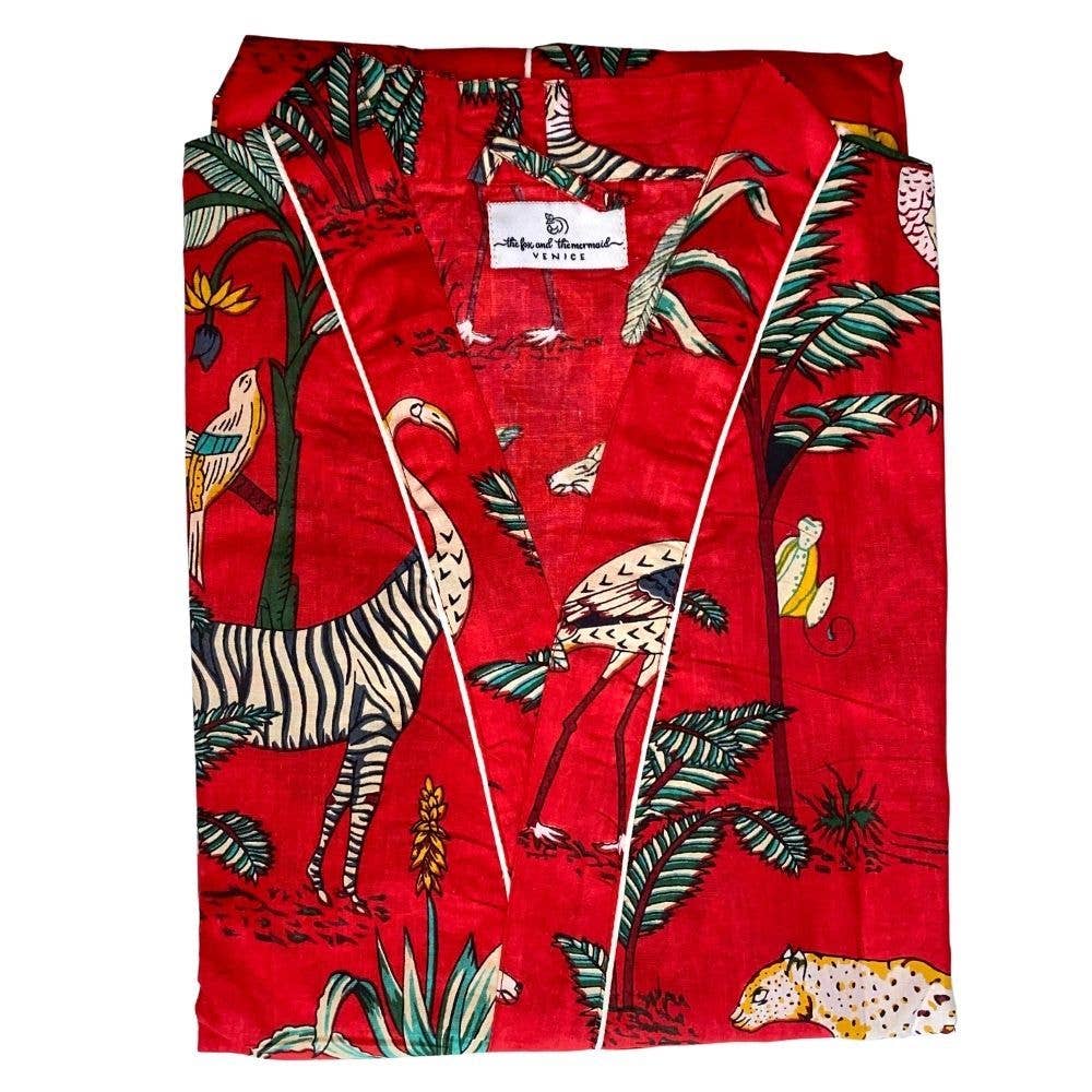 Red Jungle Print Long Cotton Robe