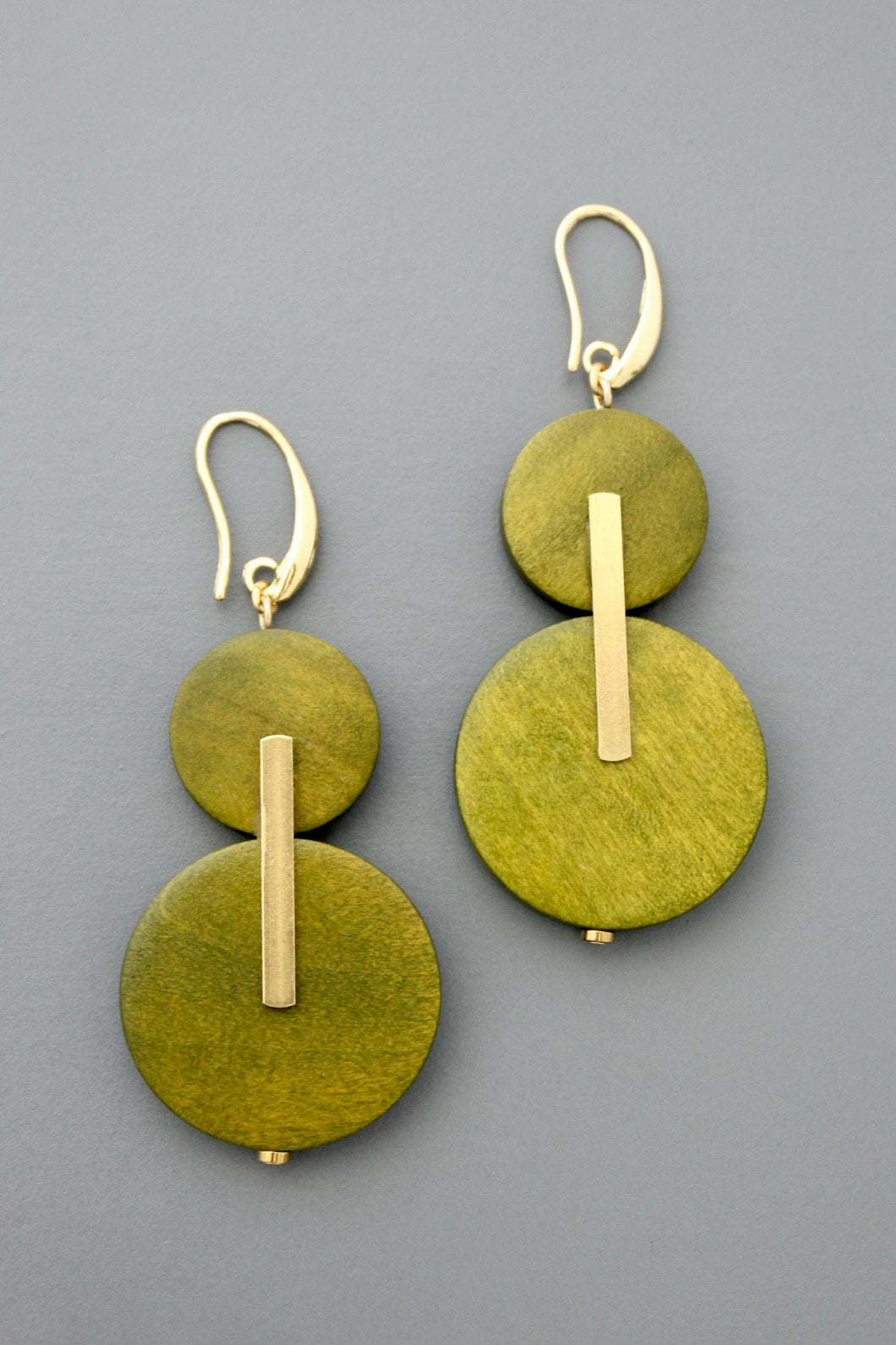 Geometric Green Wood and Brass Earrings
