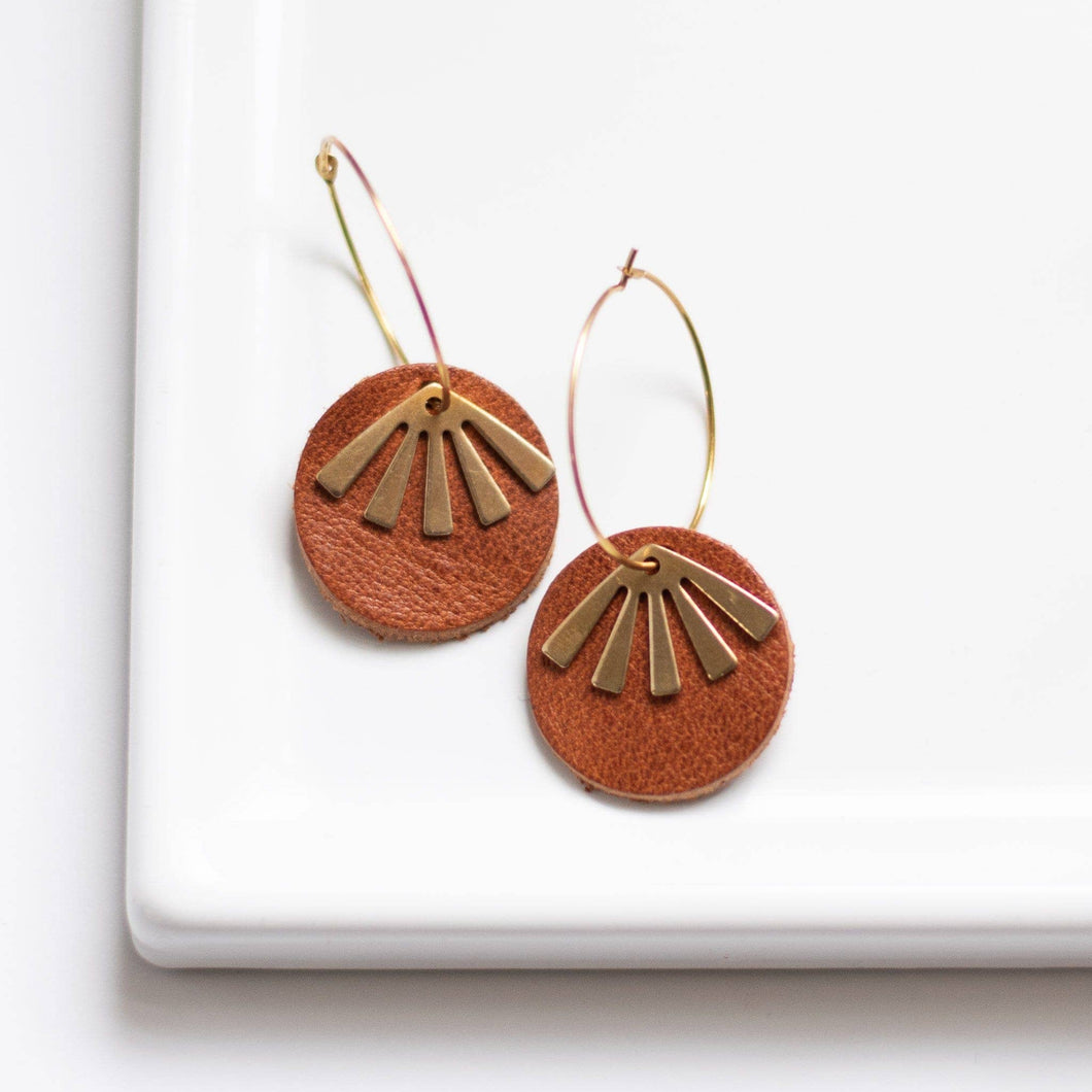 Cognac Leather and Sun Earrings