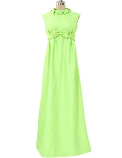 Vintage 1960s Emma Domb Lime Ruffle Bow Maxi Dress