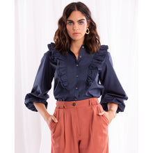 Load image into Gallery viewer, Navy 3/4 Sleeve Ruffle Blouse
