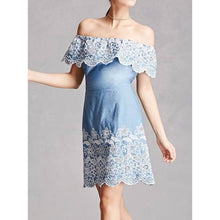Load image into Gallery viewer, Lulumari Eyelet Off Shoulder Blue Dress - Small
