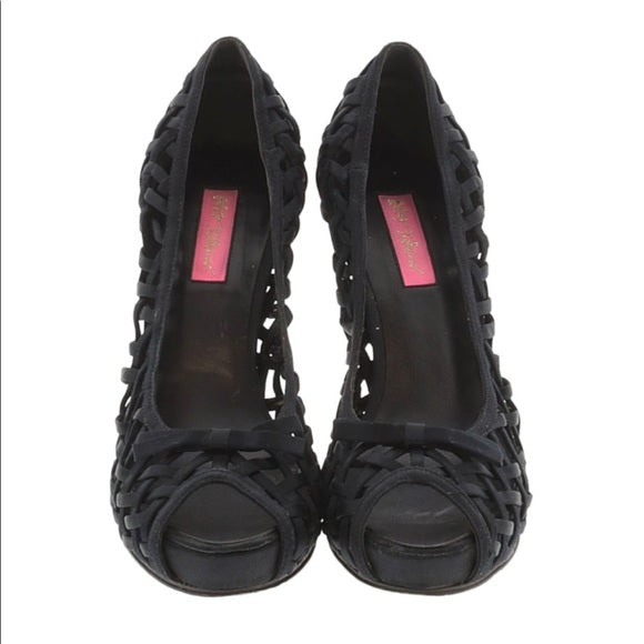 Betsey Johnson Black Woven Peep Toe Heels W/ Bow- 7.5