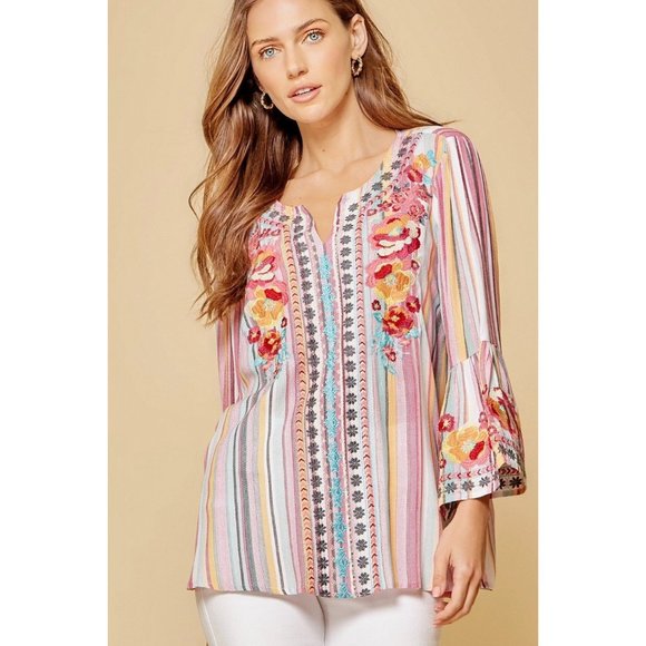 Andree Embroidered Striped Top - L