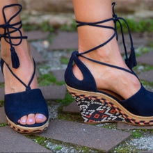 Load image into Gallery viewer, Cabi Navy Suede Print Wedges - 8

