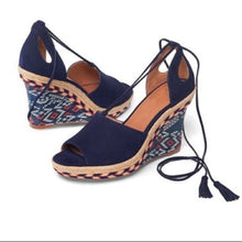Load image into Gallery viewer, Cabi Navy Suede Print Wedges - 8
