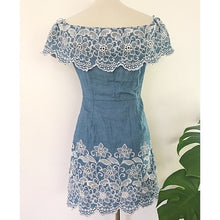 Load image into Gallery viewer, Lulumari Eyelet Off Shoulder Blue Dress - Small
