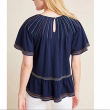 Load image into Gallery viewer, Anthropologie&#39;s Maeve Navy Top W/ Rainbow Embriodery- XS
