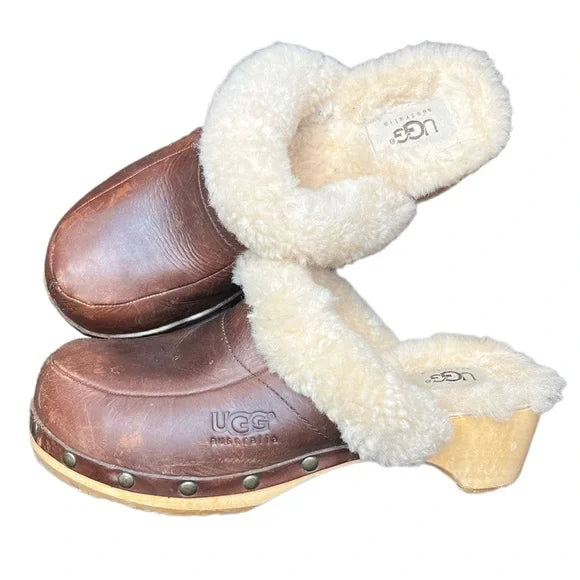 UGG Brown Kalie Leather Sherpa Clogs - Size 9