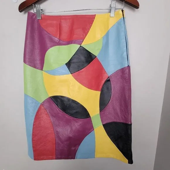 Metrostyle Leather Rainbow Patchwork Skirt - Size 6