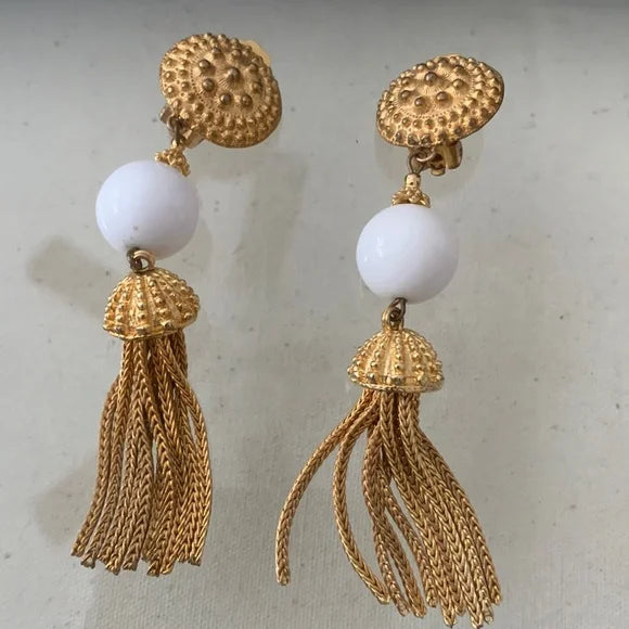 Les Bernard Gold and  Ivory Tassel Earrings