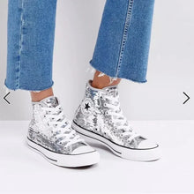 Load image into Gallery viewer, Converse Silver Sequin High Tops- 8
