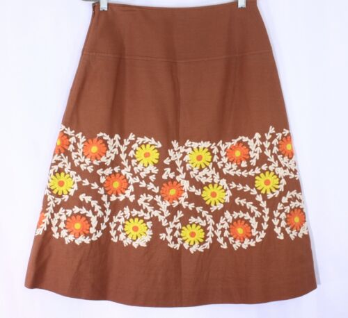 Embroidered Flowers A-line Brown Midi Skirt - Size 10