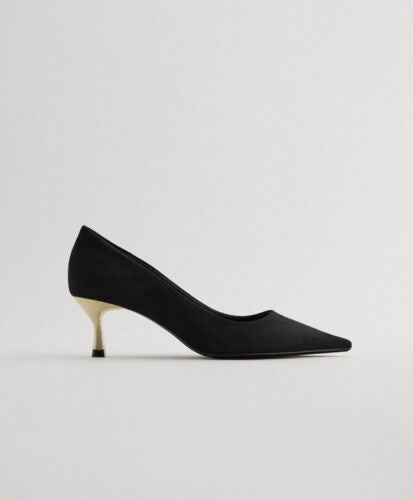 Zara Black Suede Gold Kitten Heels - 38